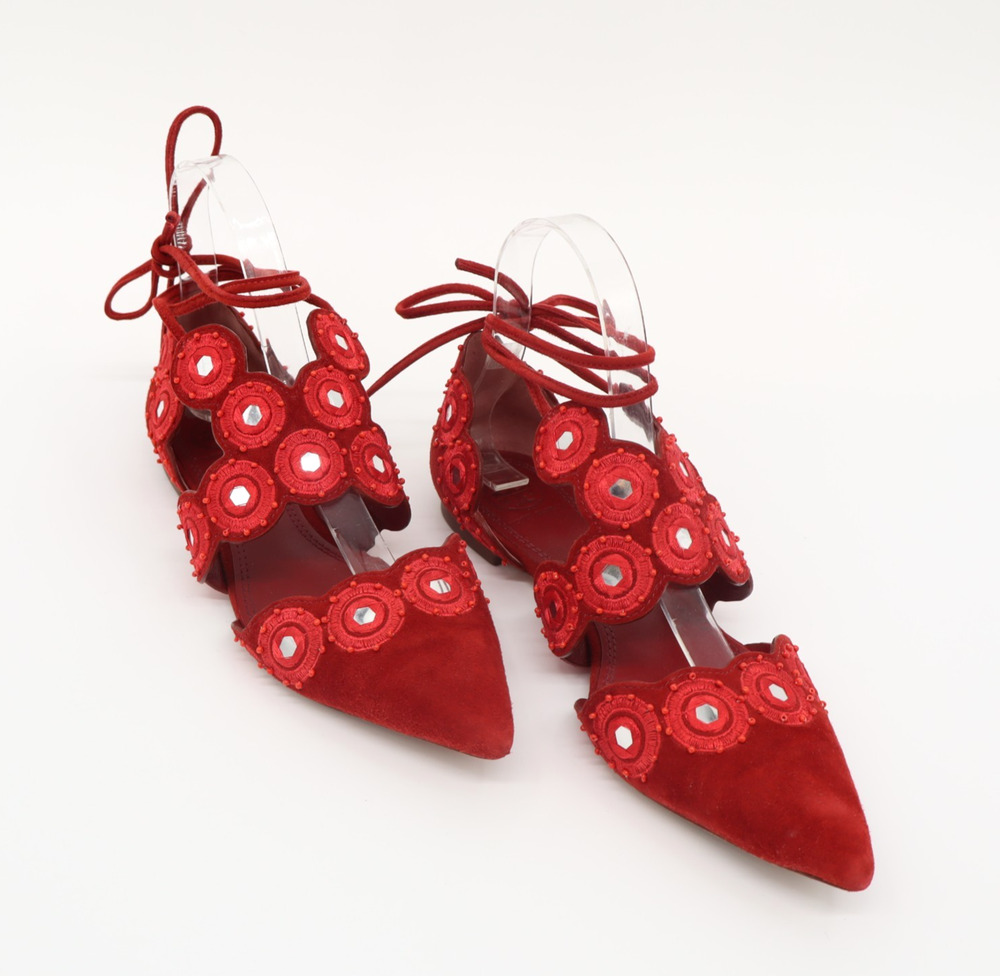 Tory Burch Sz 6M Suede Yasmin D'Orsay Point Toe Flat Red Embroidery Beads - Picture 2 of 11